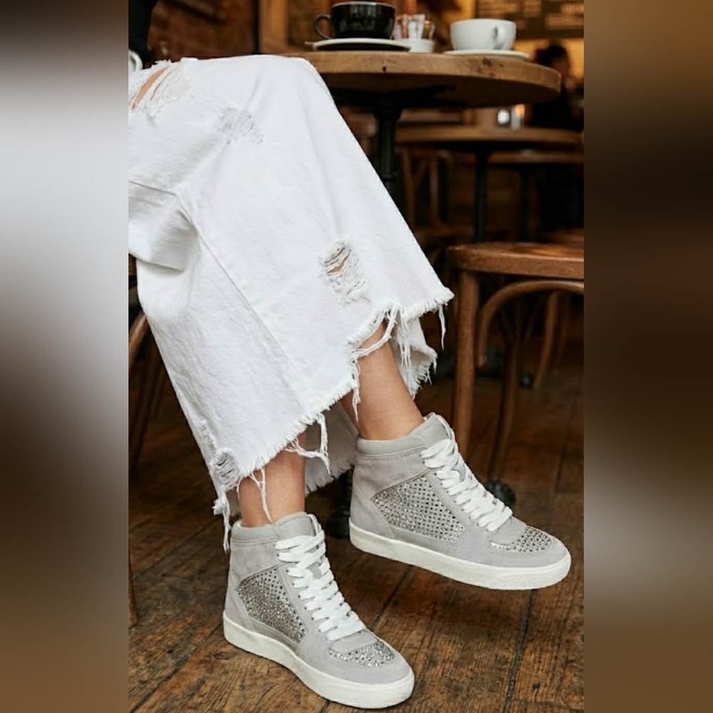 Bling 8.5 Glam Sparkling Skater Rinestone Silver High-Top Leather Sneakers New